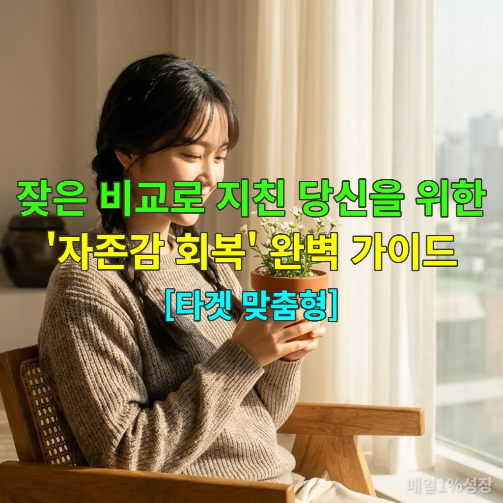 창가에 앉아 작은 식물을 보며 미소 짓는 한국 여성의 모습, 평화로운 자존감 회복의 순간을 상징