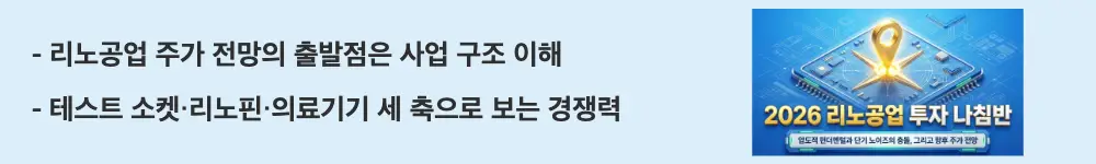 '리노공업 주가 전망의 출발점은 사업 구조 이해'라는 문구가 포함된 웹배너 이미지. 이 이미지는 테스트 소켓·리노핀·의료기기 부품과 전 공정 내재화 경쟁력을 시각적으로 전달하며, 블로그의 리노공업 주가 전망과 관련된 내용을 설명함