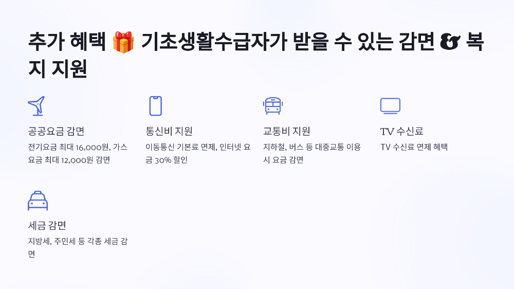 추가 혜택 🎁 기초생활수급자가 받을 수 있는 감면 & 복지 지원