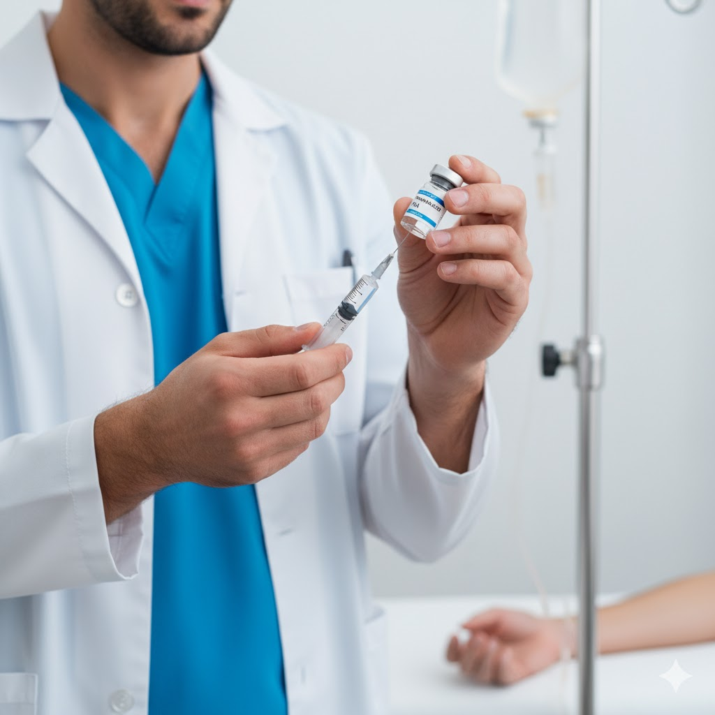 의료 전문가가 트라넥삼산(Tranexamic Acid) 약병과 주사기를 들고 정맥 주사를 준비하는 모습