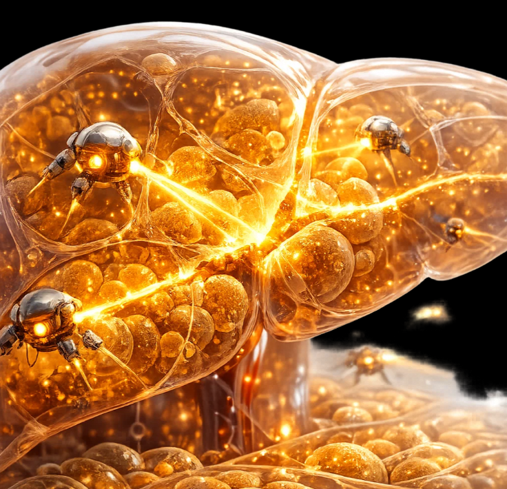 황금빛 지방 방울로 가득 찬 간 내부를 보호하는 나노 로봇 콘셉트 이미지