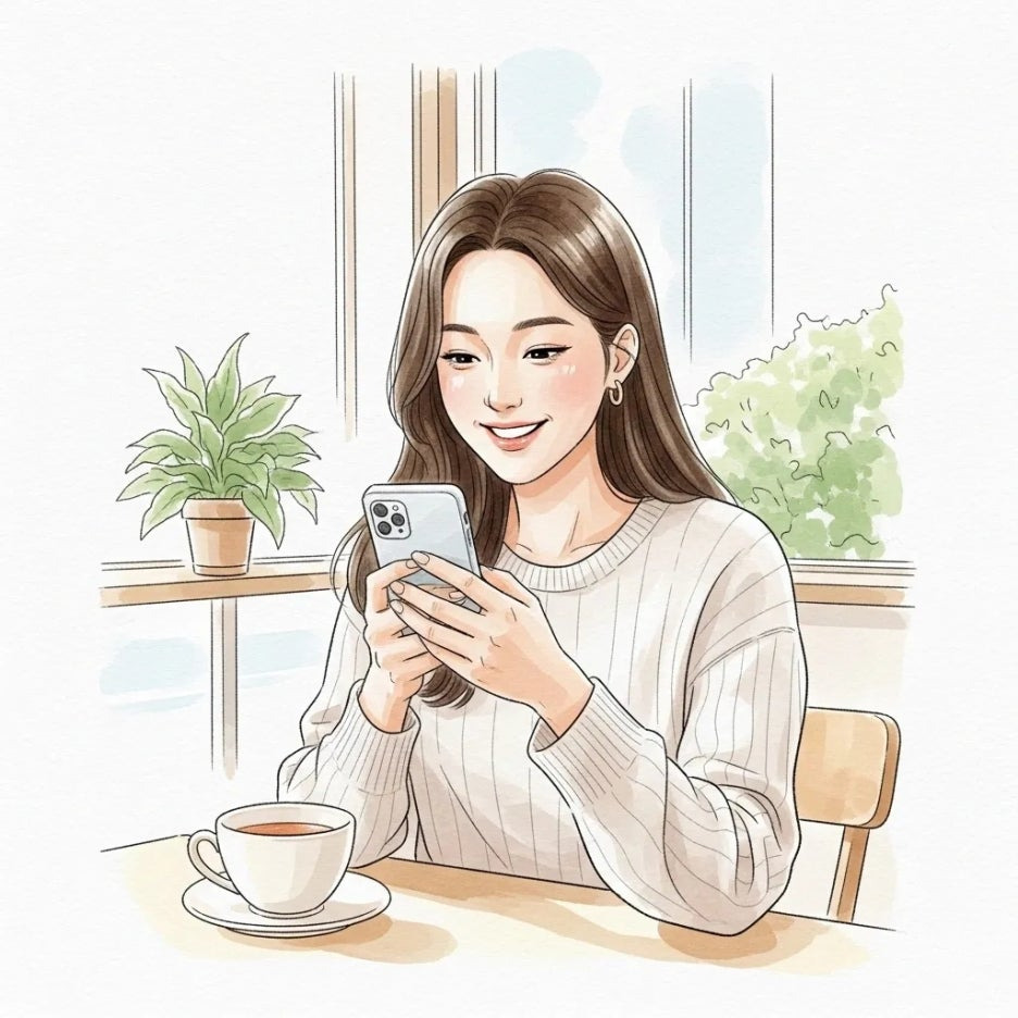 카페에서 왕홍체험 사진을 보며 미소 짓는 여성