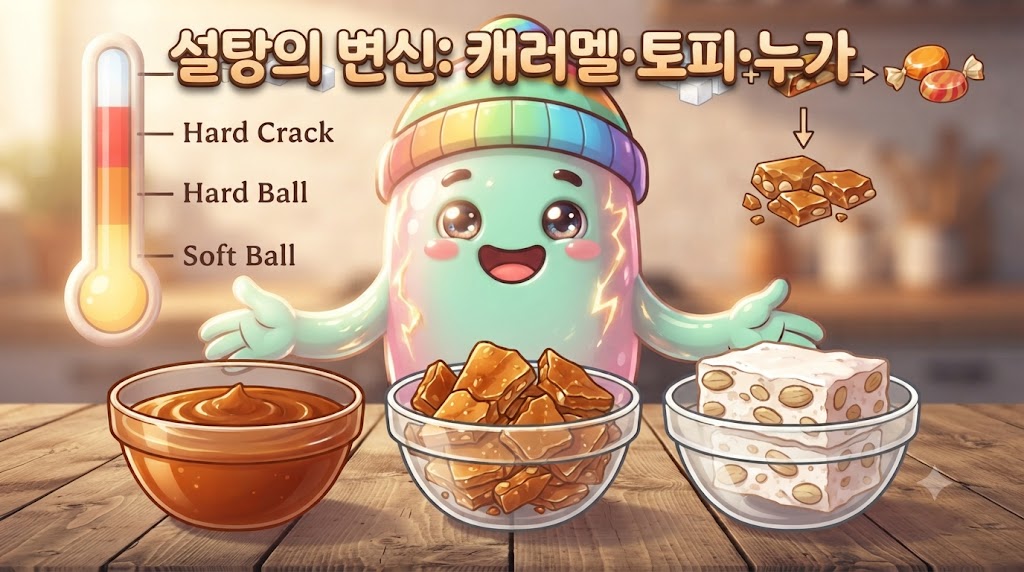 쫀쿠의 디저트 실험실에 오신 것을 환영합니다! 쫀쿠가 웃으며 '설탕+열'로 만들어진 세 가지 보석 같은 디저트(부드러운 캐러멜, 바삭한 토피, 포슬포슬한 누가)를 소개하고 있습니다. 뒤편으로는 설탕이 녹아 갈색으로 변하는 과정이 단계별로 그려져 있습니다