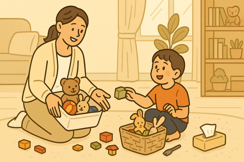 아이와 함께 장난감을 정리하는 아이돌보미의 모습