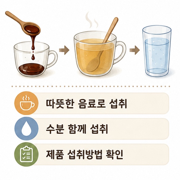 배도라지청을 따뜻한 물에 희석해 음료처럼 섭취하는 방법과 수분 섭취를 보여주는 이미지