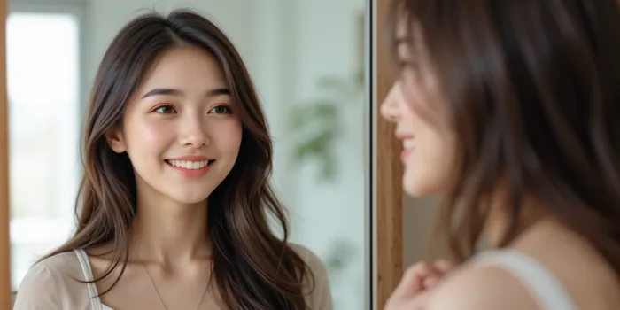 알파리포산 복용 후 피부 상태를 체크하며 거울을 보는 여성