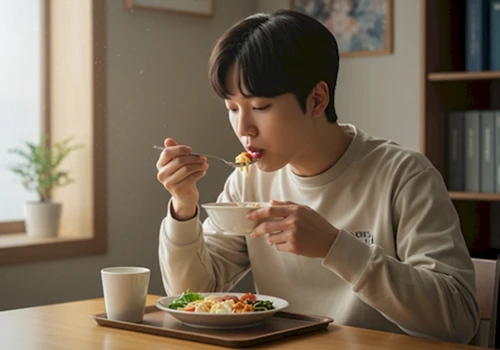 점심 식사를 천천히 즐기며 편안하고 여유로워 보이는 한국인 직장인 현실적인 사진
