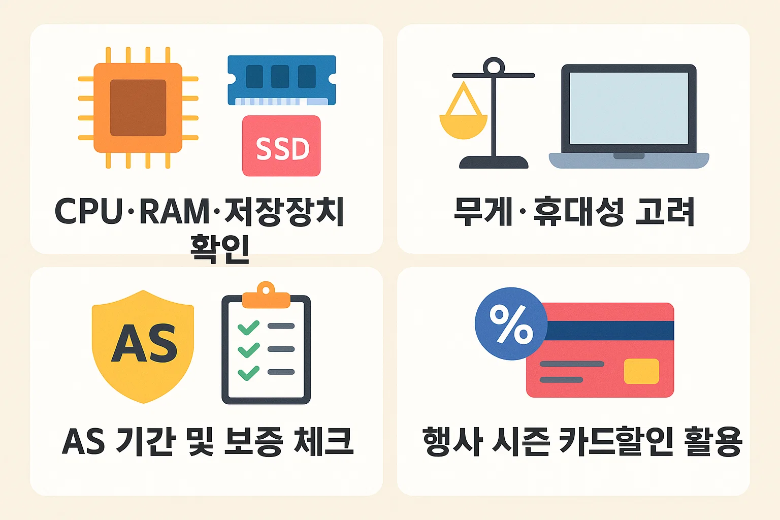CPU, RAM, SSD 같은 사양 점검부터 무게와 휴대성, A/S 보증기간, 카드 할인 혜택까지 비교해볼 수 있는 실전 체크리스트 인포그래픽입니다.