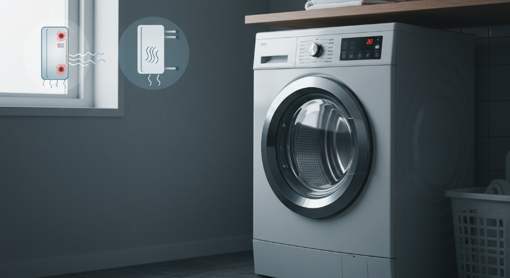 첨단 기술 아이콘들이 떠다니는 현대적인 건조기, 기술의 진실을 파헤치는 분위기