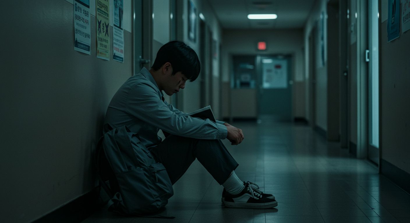 A Korean teenager sitting alone in a quiet school hallway, head down with a heavy backpack beside them, subtle tear marks on their face. The lighting is soft and moody, suggesting isolation but also hope. On the wall behind, faint posters about mental health and counseling. Style is realistic and emotionally expressive. This image should convey the silent emotional burden of academic pressure and social stress in South Korean youth.