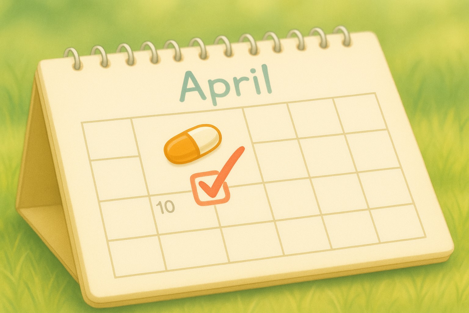 달력의 10일 칸에 빨간 체크와 구충제 알약 아이콘이 표시된 모습. 매달 같은 날짜에 심장사상충 구충제를 챙기는 의미를 담은 이미지