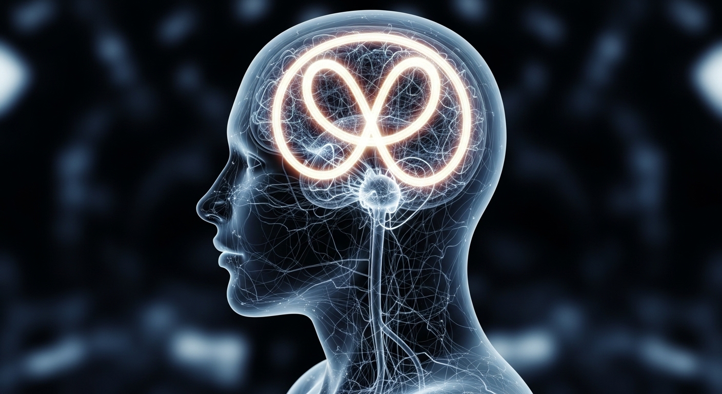 반복적인 고리 형태로 밝게 빛나는 신경 경로가 그려진 사람의 두뇌. '자동적 사고'의 개념을 시각적으로 표현한 이미지.