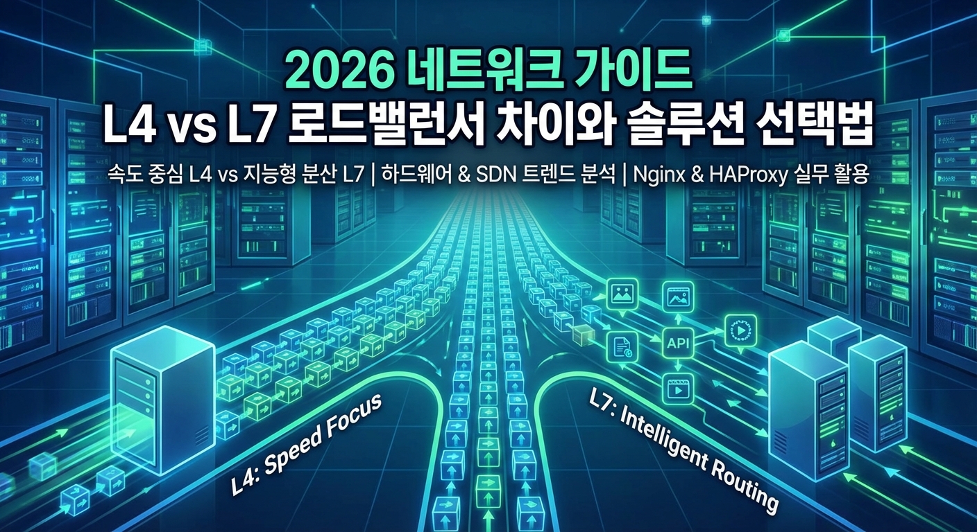 2026 네트워크 가이드: L4 vs L7 로드밸런서 차이와 솔루션 선택법 썸네일 이미지. 데이터 패킷이 속도 중심의 L4 경로와 지능형 분산의 L7 경로로 나뉘어 서버로 전송되는 모습을 시각화한 그래픽입니다.