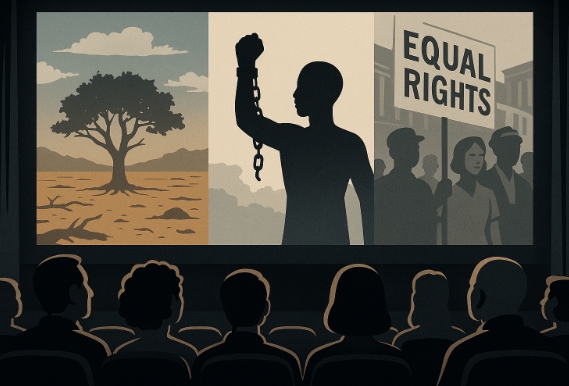 영화관 스크린 속에 환경·인권·역사 기록 장면이 교차 투영되고, 관객들이 진지하게 바라보는 장면 일러스트