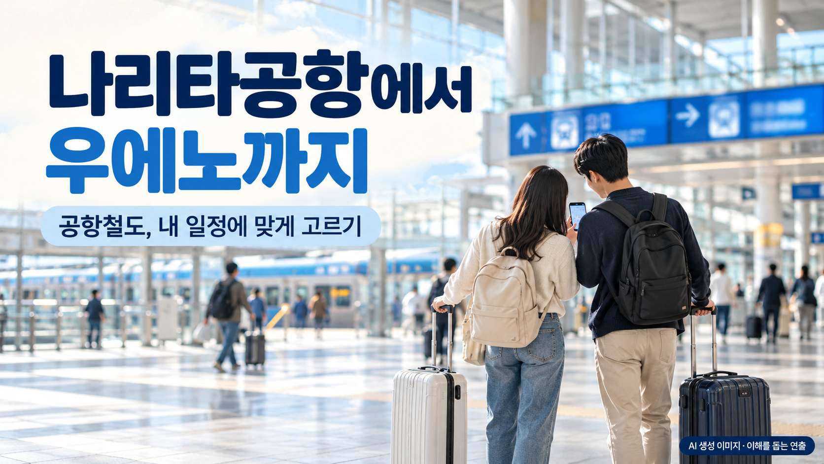 공항철도 이용을 준비하는 여행객과 캐리어를 표현한 사진형 이미지