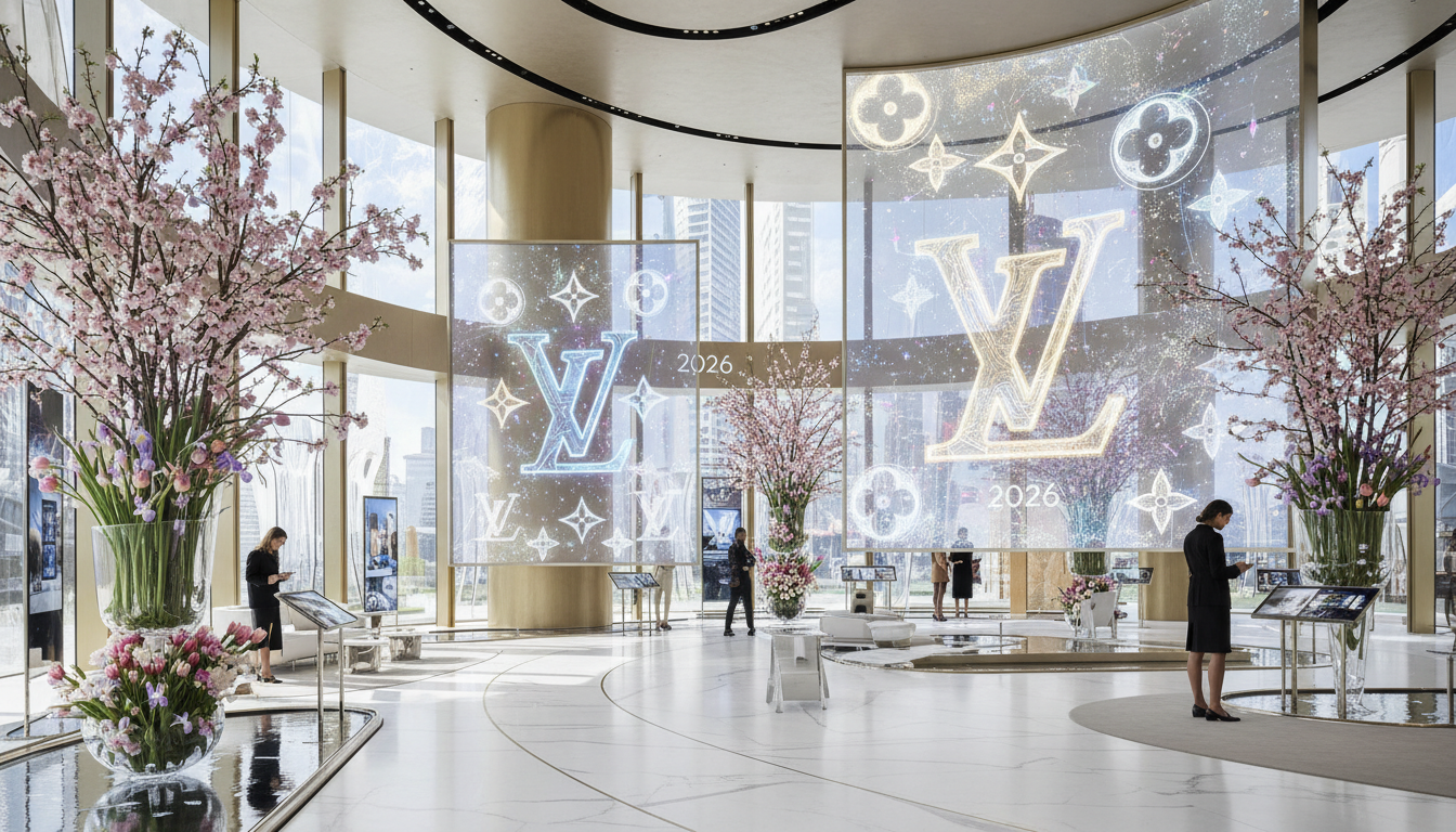 미래적인 디지털 전시와 꽃으로 장식된 2026년 루이비통 매장 내부