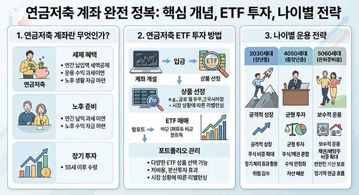 연금저축 계좌의 개념, ETF 투자법, 나이별 전략 요약 이미지.