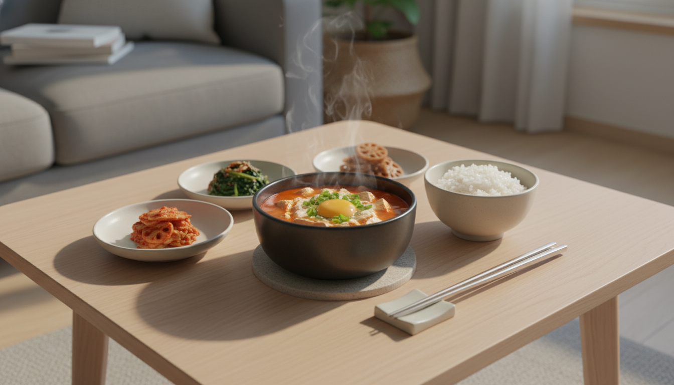 밀키트로 조리한 음식이 한국식 반찬과 함께 현대적인 식탁에 예쁘게 차려진 모습. 건강하고 근사한 집밥을 연출합니다.