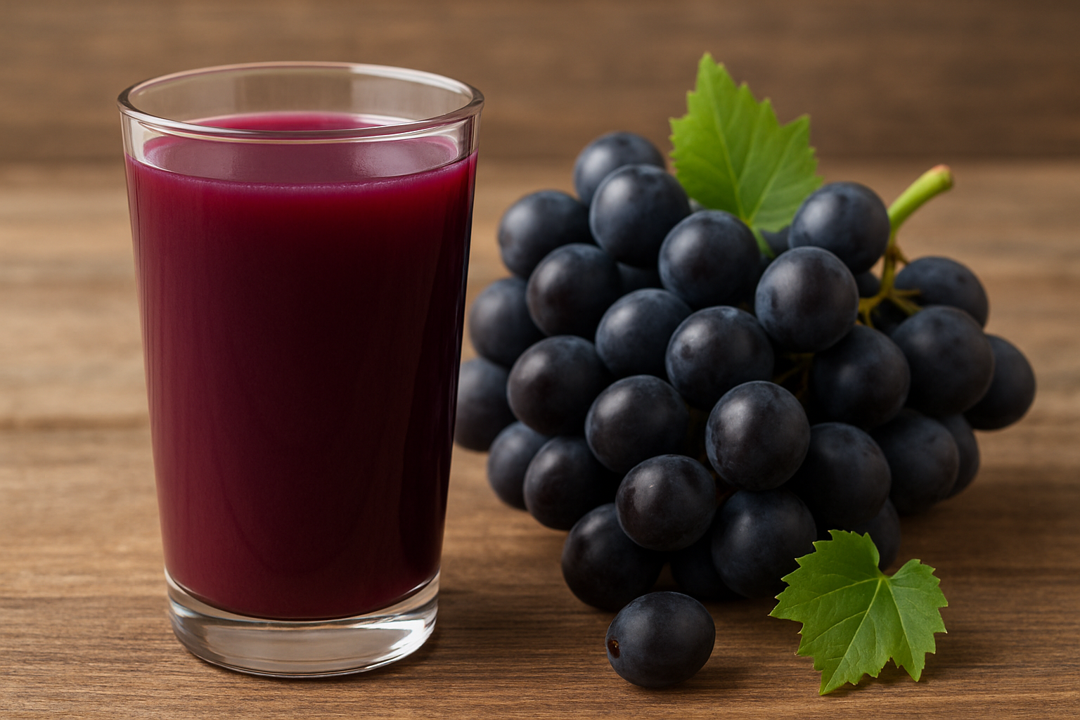 투명한 유리잔에 담긴 포도즙과 생포도 전경