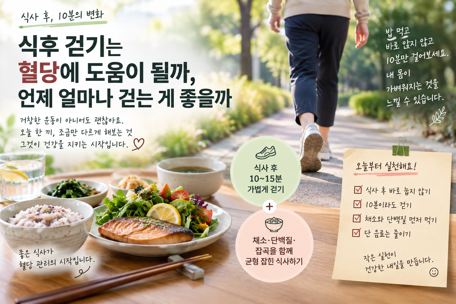 식후 혈당 관리를 위한 가벼운 걷기와 채소 단백질을 곁들인 식사