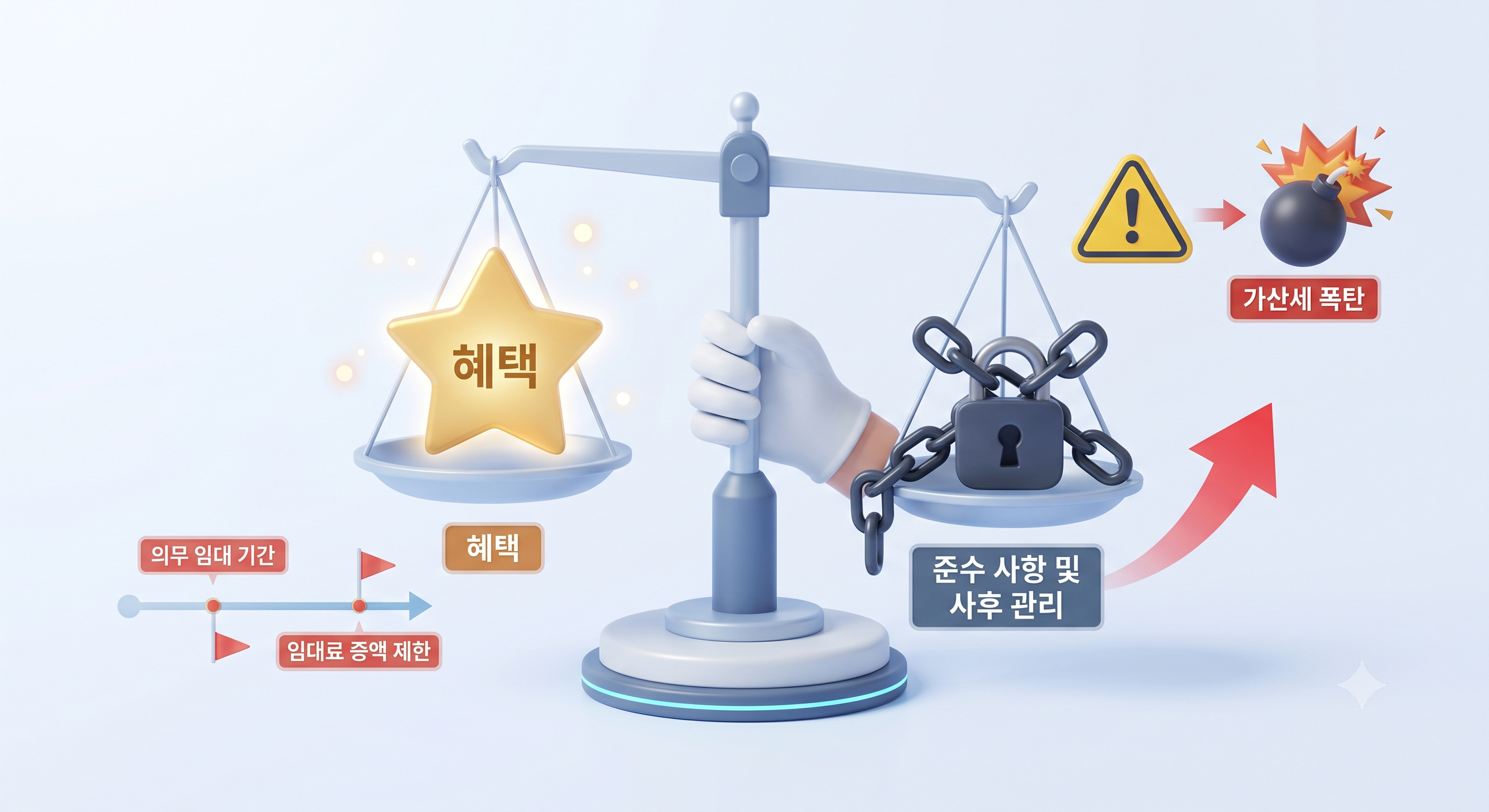 저울의 한쪽에는 빛나는 '혜택' 별이, 다른 쪽에는 무거운 쇠사슬과 자물쇠로 묶인 '준수 사항 및 사후 관리'가 놓여 균형을 이루고 있습니다. 그 옆으로 경고 표시와 함께 '가산세 폭탄' 아이콘이 보여, 요건을 지키지 않았을 때의 위험성을 시각화한 3D 일러스트입니다.