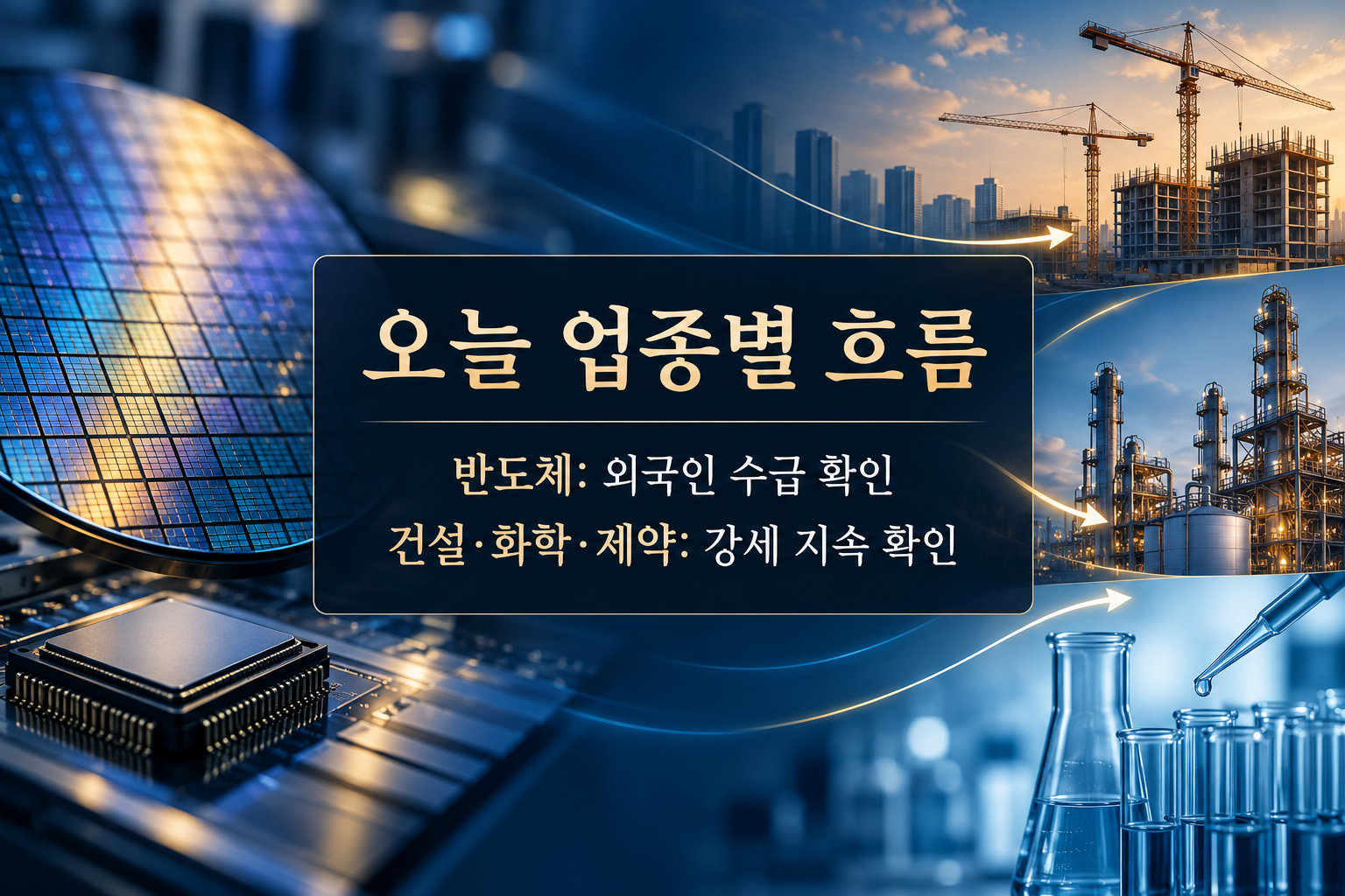 반도체 웨이퍼와 건설 현장, 화학 설비, 제약 연구 장면 위에 업종별 관전 포인트를 적은 이미지