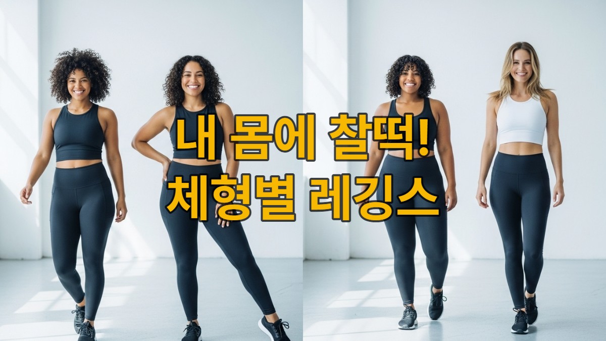 다양한 체형의 여성들이 자신감 있게 레깅스를 입고 포즈를 취하고 있는 모습. 체형별 레깅스 선택 가이드를 상징하며, 편안함과 스타일을 강조합니다.