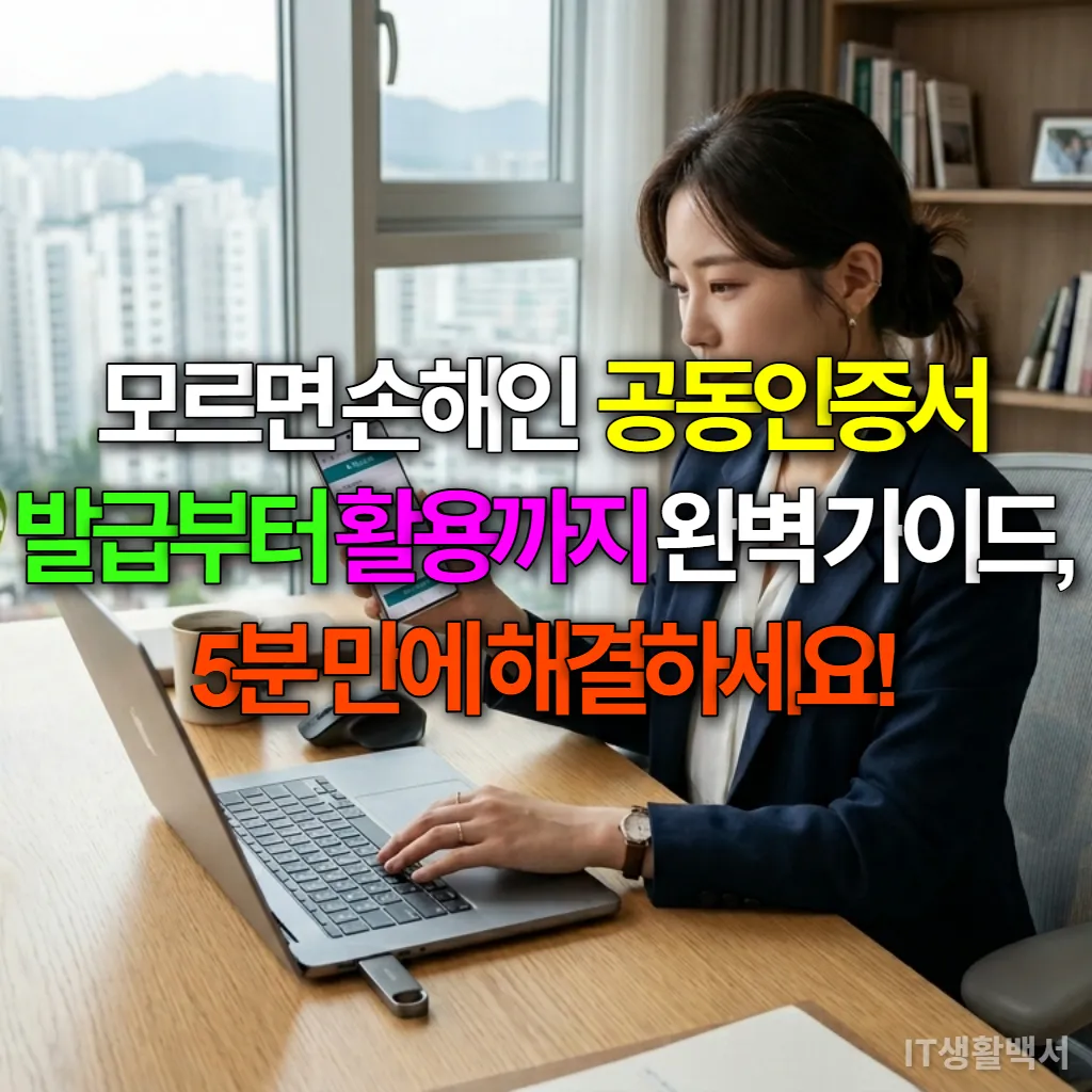 한국인 여성이 노트북과 스마트폰으로 공동인증서 발급 및 복사 작업을 하는 모습