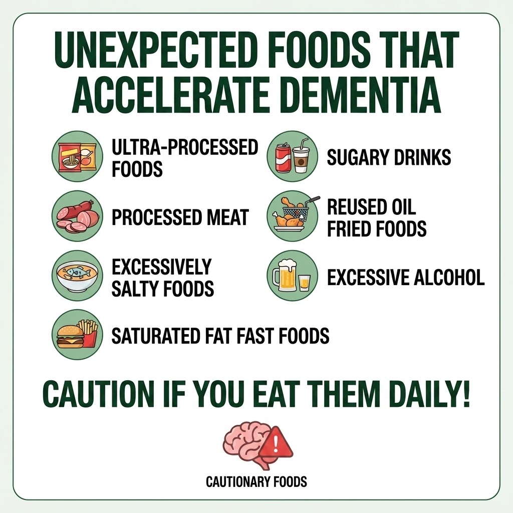 7 Unexpected Foods That May Accelerate Dementia: Ultra-processed foods, sugary drinks, processed meat, deep-fried food with reused oil, salty food, excessive alcohol, and saturated fat fast food warning image