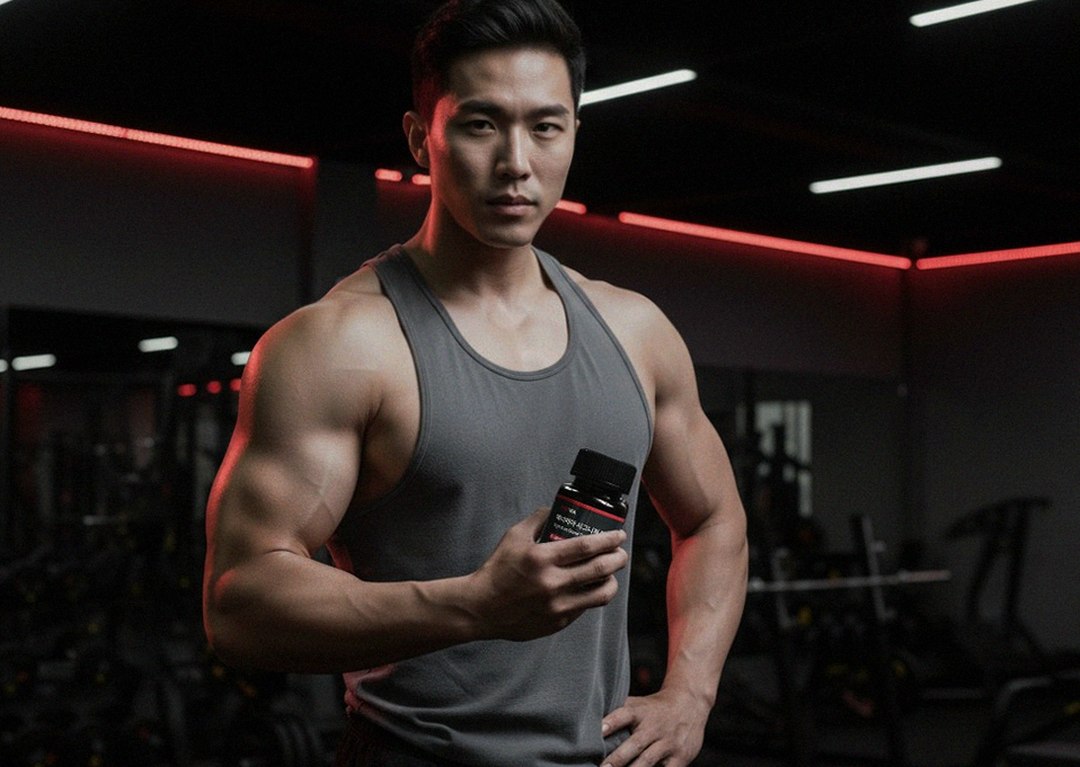 Korean Asian man in his late 30s taking supplements at morning table with water