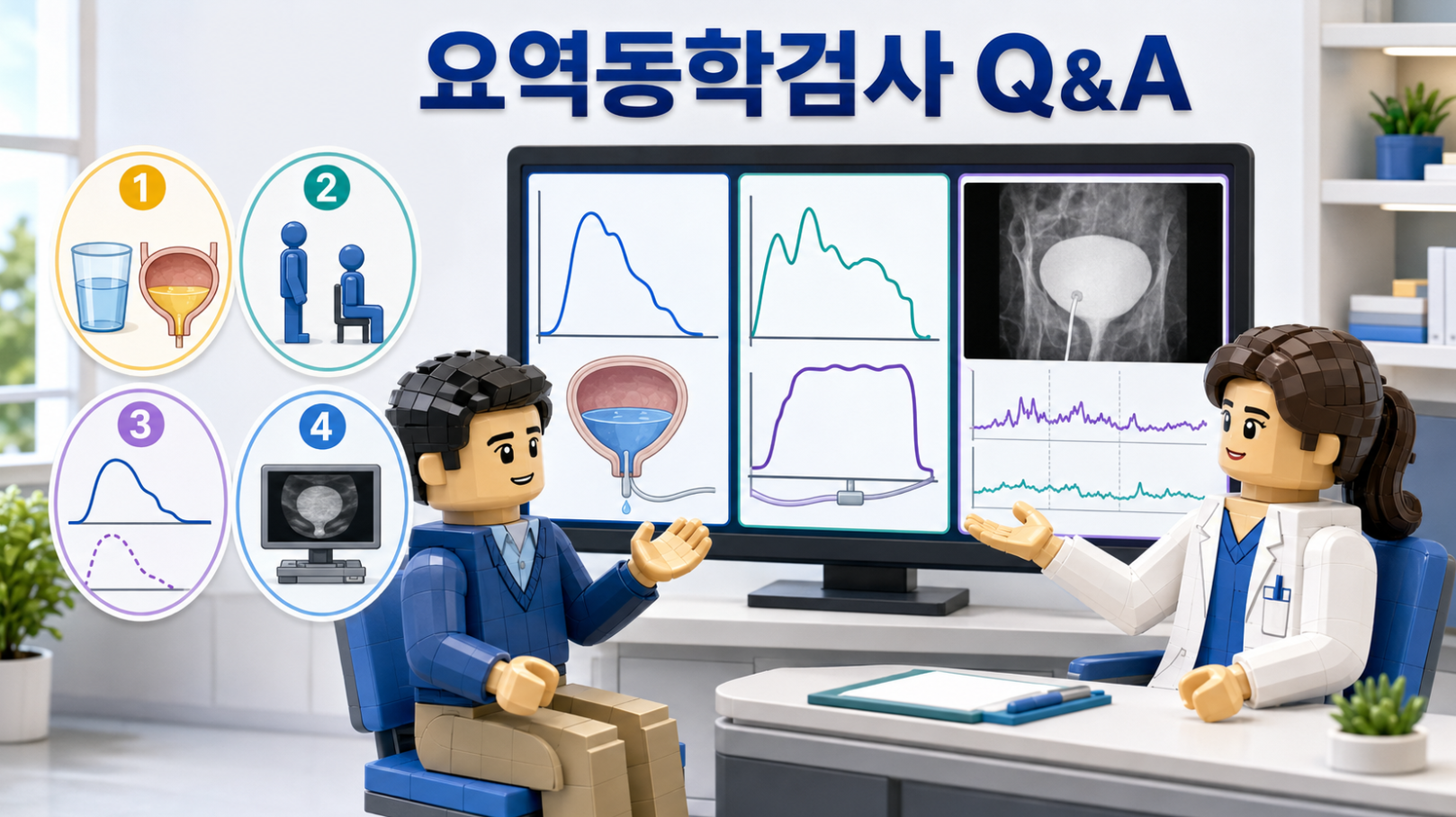요역동학검사 결과를 보며 의료진과 환자가 질문을 확인하는 상담 장면