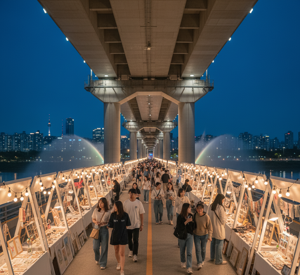 서울 잠수교 뚜벅뚜벅 축제 야간 플리마켓 거리 전경, 조명 아래 다양한 핸드메이드 부스와 시민들