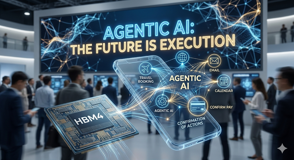 MWC 2026 스페인 바르셀로나 현장, HBM4 반도체 웨이퍼와 연결된 투명 스마트폰 위로 '에이전틱 AI' 기능이 구현되어 스스로 여행 예약과 결제를 수행하는 홀로그램 시연 장면. 기술의 진보와 인간의 이야기가 만나는 순간.