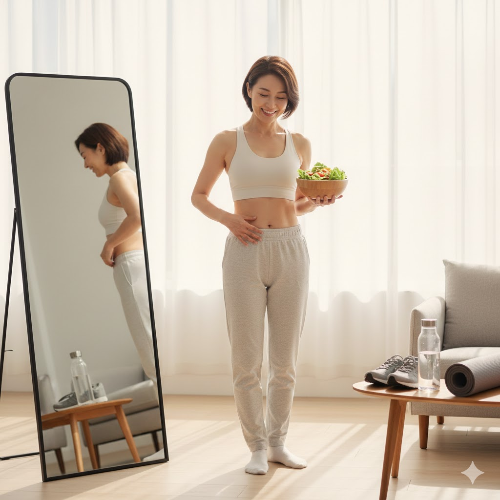 한 중년 여성이 전신 거울 앞에서 자신의 허리 라인을 살피며 미소 짓는 모습. 한 손에는 신선한 샐러드 볼을 들고 있고 배경으로는 아침 햇살이 들어오는 거실이 보인다. 옆 테이블에는 수분 보충을 위한 물병과 운동화가 놓여 있어 건강한 다이어트 생활 습관을 실천하고 있음을 보여주는 깨끗하고 활기찬 느낌의 사진이다.