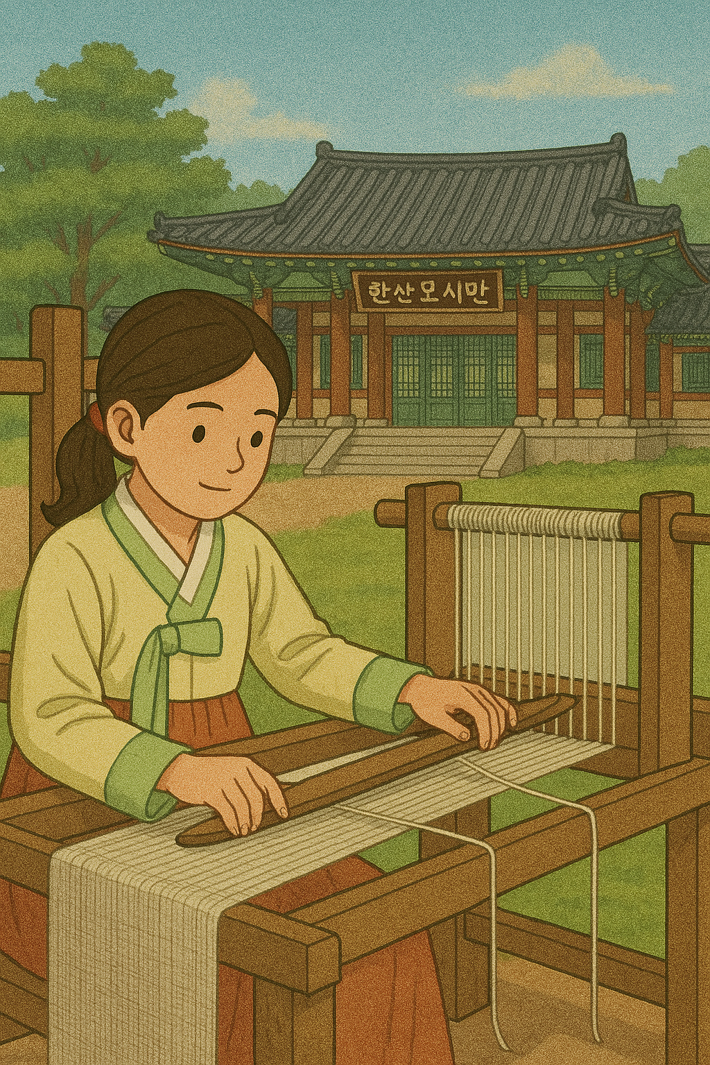 여자아이가 모시짜기 체험 중인 모습