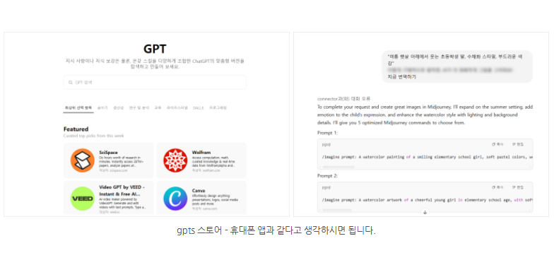 "ChatGPT GPTs 스토어 화면과 프롬프트 입력 예시가 나란히 보이는 설명 이미지"