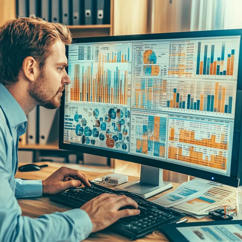 경제 데이터를 분석하는 금융 분석가가 컴퓨터 화면에 집중하며 진지한 분위기를 형성하고 있어요. 업무 전문성과 분석적 사고가 돋보입니다.