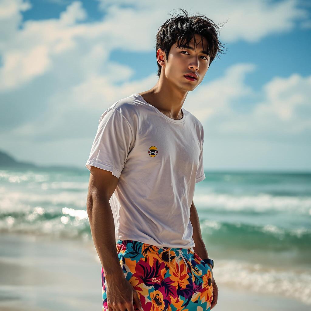 네온컬러 스윔 쇼츠와 반팔티를 입은 남성, 물놀이 후 카페 감성