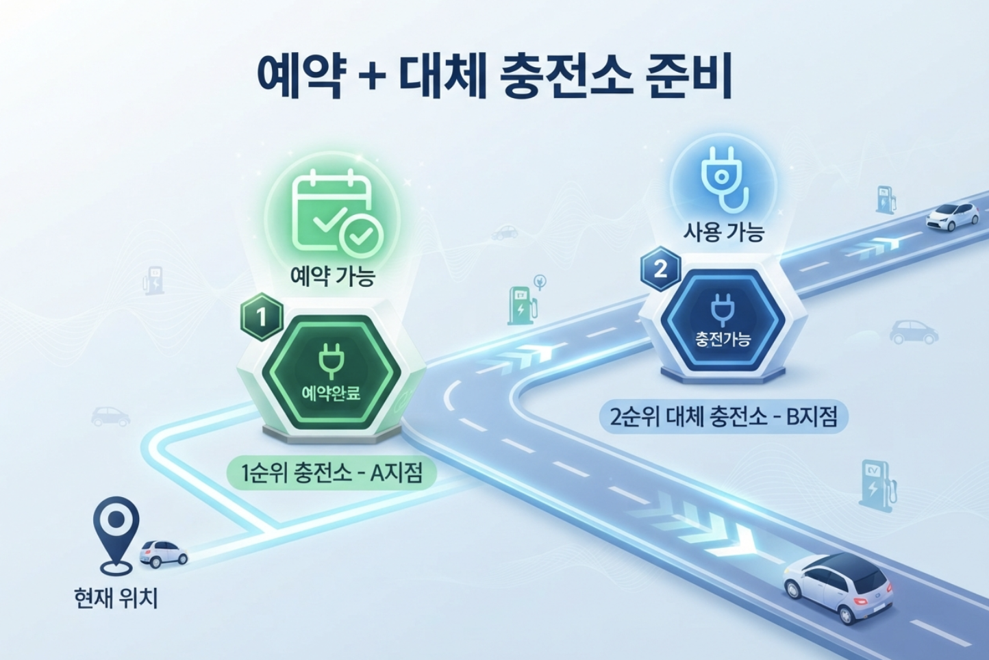 전기차 충전 예약 실패에 대비해 1순위와 대체 충전소를 준비하는 경로 이미지