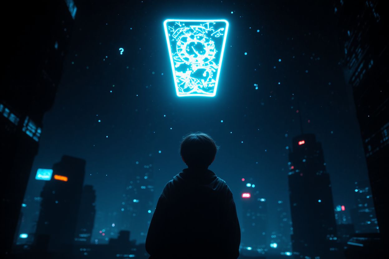 밤하늘 커다란 타로카드가 떠있고 그걸 바라보는 인물의 뒷모습