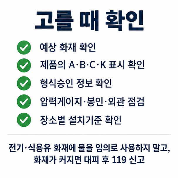 예상 화재 확인 적응 화재 표시 확인 형식승인 압력게이지 외관 상태를 순서대로 살펴보는 소화기 선택 체크리스트 이미지