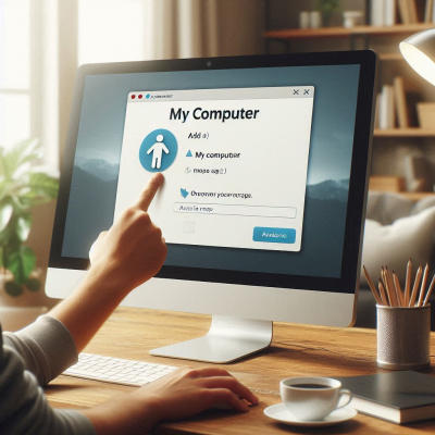 로그인 완료 메시지가 뜬 컴퓨터 화면을 가리키는 손