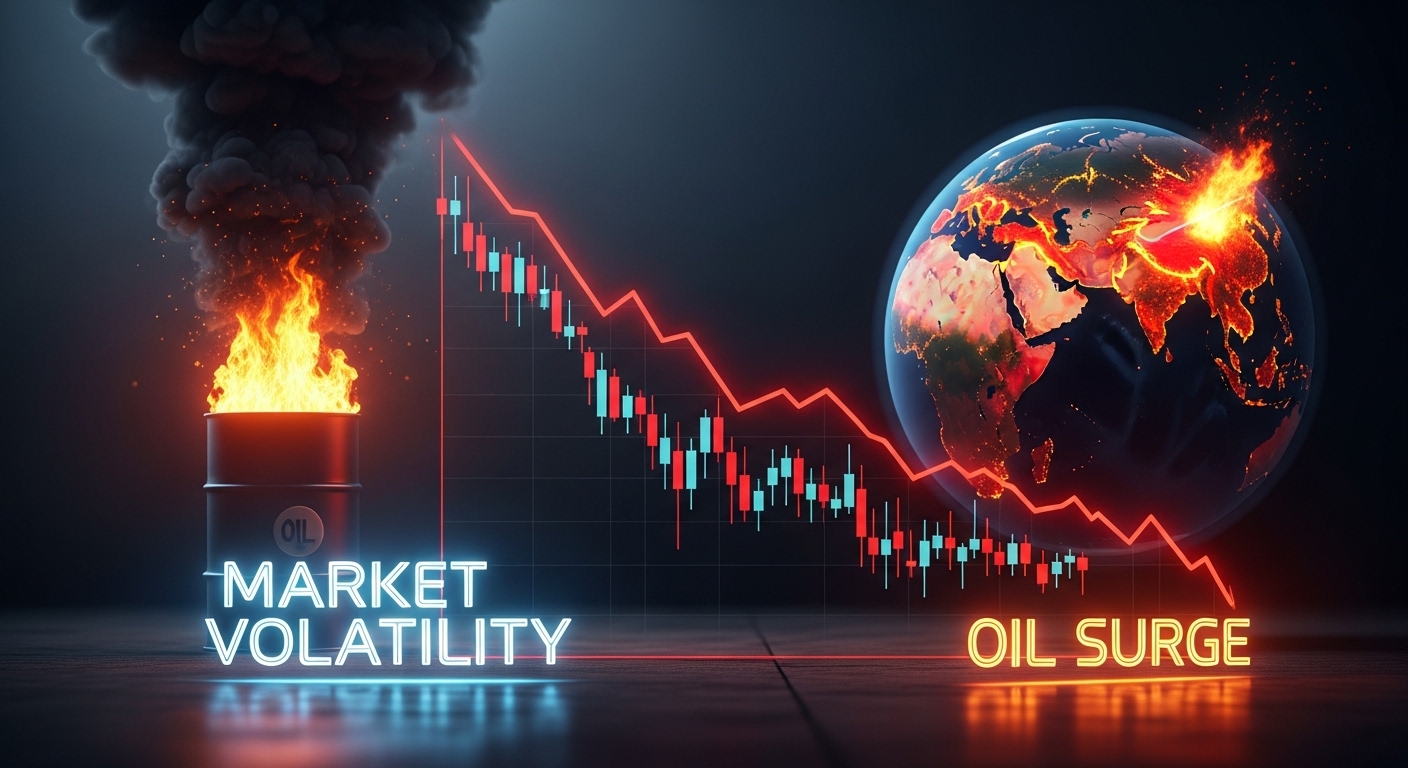 지구본+MARKET VOLATILITY + OIL SURGE 와 주식 차트의 내리막 표