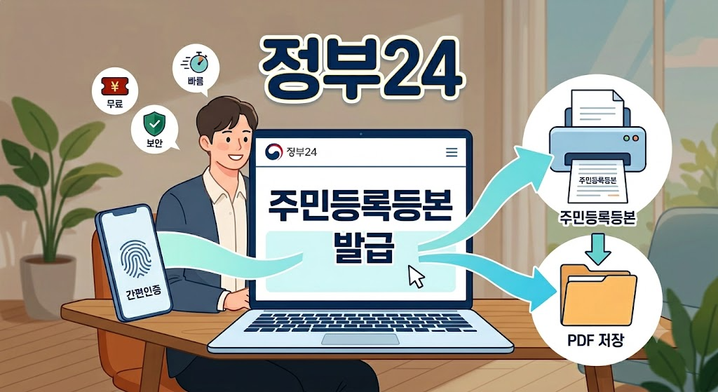 정부24 사이트를 통한 주민등록등본 인터넷 발급 및 PDF 저장 방법 안내 일러스트
