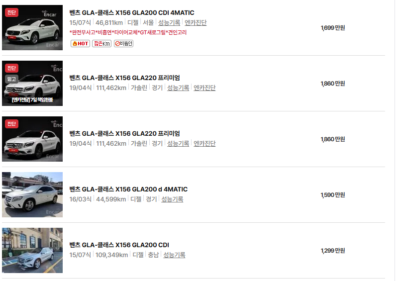 벤츠 GLA 중고차 가격 시세표 유지비