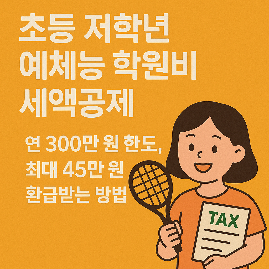 <p>2025년 세법 개정으로 초등 저학년(1~2학년) 예체능 학원비가 교육비 세액공제 대상에 포함되었습니다. 
연 300만 원 한도, 15% 공제로 최대 45만 원 환급! 신청 방법과 절세 팁을 확인하세요.