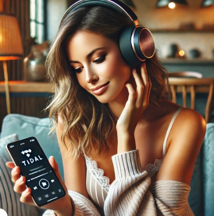 스마트폰으로 타이달 음악에 심취해 있는 여성의 모습