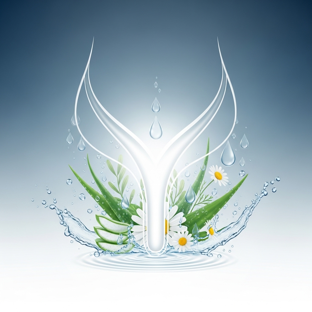 Y존 건강 관리를 상징하는 깨끗하고 섬세한 푸른색 Y자 도형과 물방울, 식물 요소.