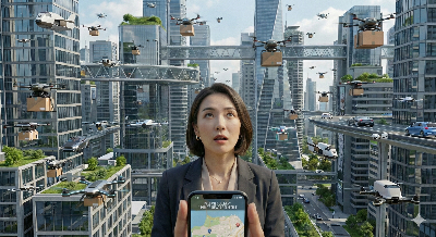 수많은 드론과 배송 로봇들이 도시 위를 날아다니며 물건을 나르는 미래지향적인 도시 풍경. 그 아래로 스마트폰을 보며 놀라워하는 사람의 표정을 클로즈업하여, 기술이 삶을 얼마나 빠르고 편리하게 예측하는지 보여줌