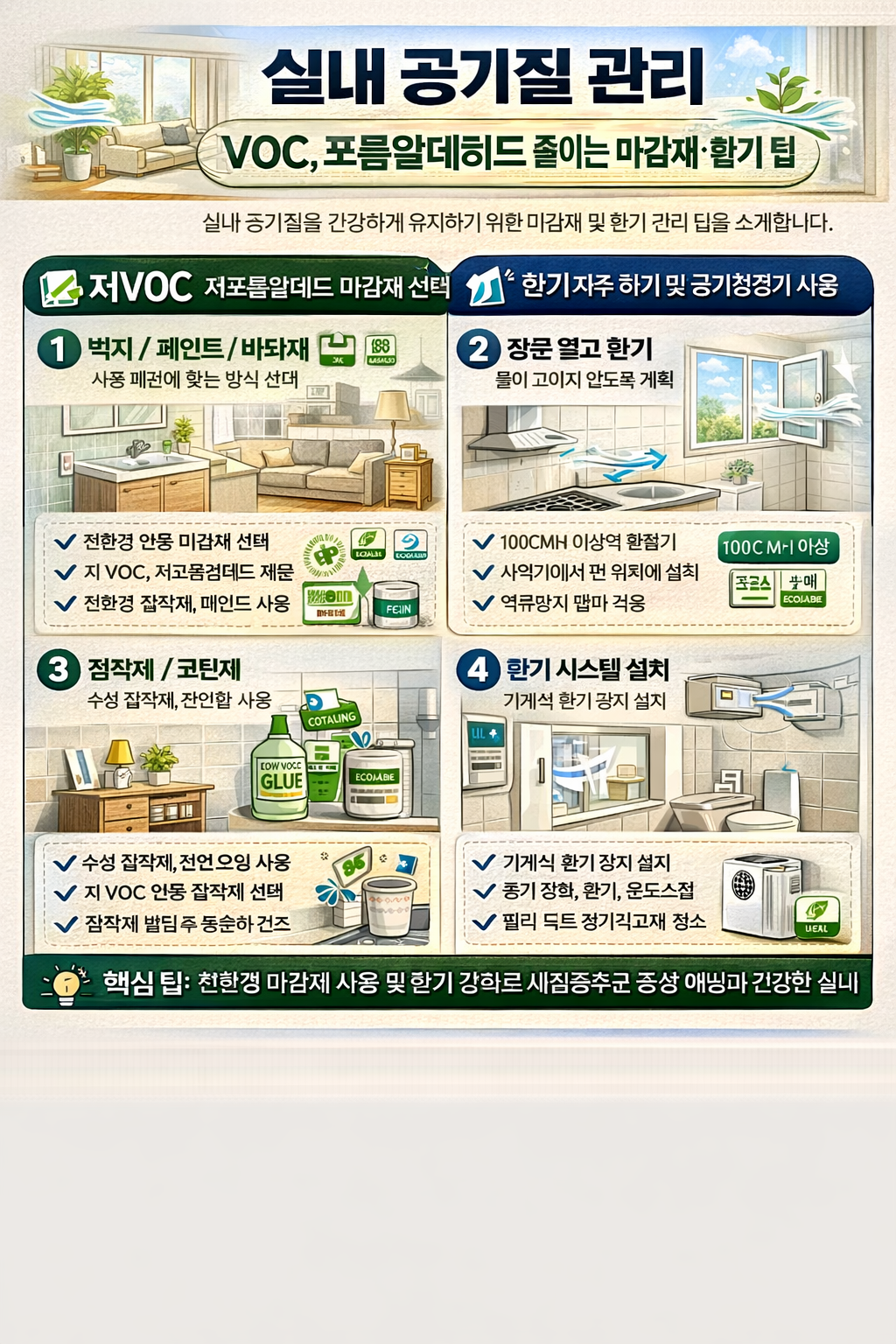 실내 공기질 관리 VOC 포름알데히드 줄이는 마감재 환기 팁